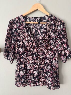 AllSaints Floral Blouse Black Pink Puff Sleeve Button Front Size M